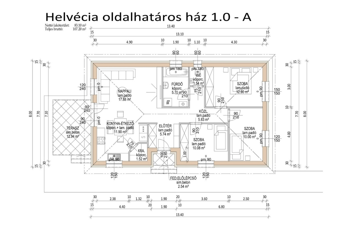 Helvéciai családi ház alaprajza – nappali + 3 szobás elrendezés, terasszal
