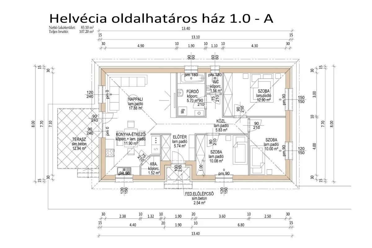 Helvéciai családi ház alaprajza – nappali + 3 szobás elrendezés, terasszal