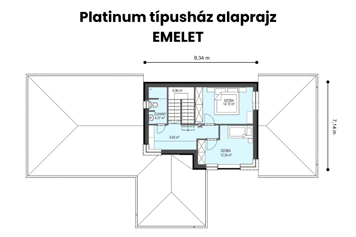 Platinum típusház emeleti alaprajz – két hálószobával és egy zuhanyzós fürdőszobával