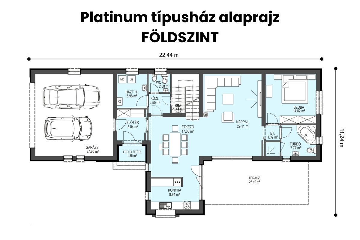Platinum típusház földszinti alaprajza dupla garázzsal, nappalival és különálló hálószobával