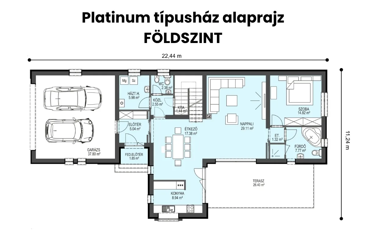 Platinum típusház földszinti alaprajza dupla garázzsal, nappalival és különálló hálószobával