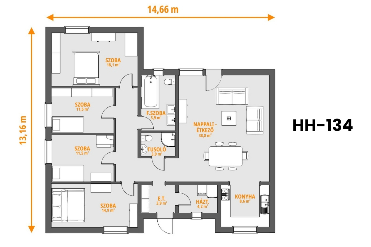 HH-134 típusház alaprajza – 134 m²-es földszintes családi ház 4 hálószobával