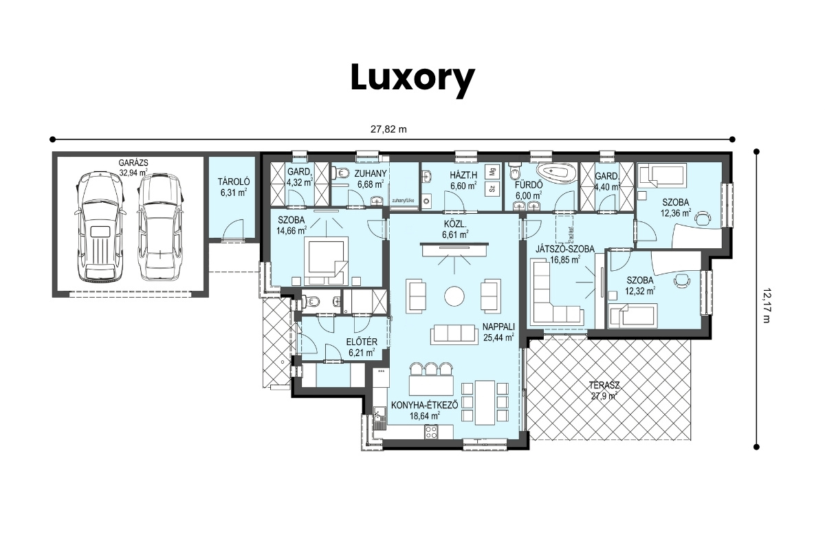 Luxory típusház alaprajz – nappali + 3 hálószobás, garázsos, modern családi ház elrendezése