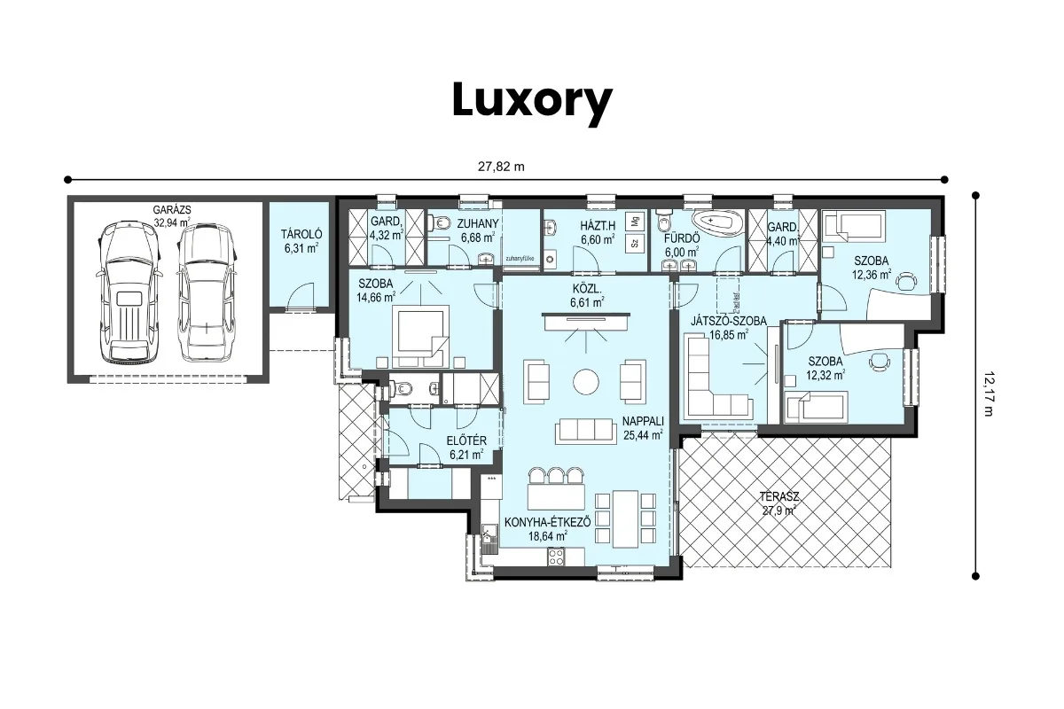 Luxory típusház alaprajz – nappali + 3 hálószobás, garázsos, modern családi ház elrendezése