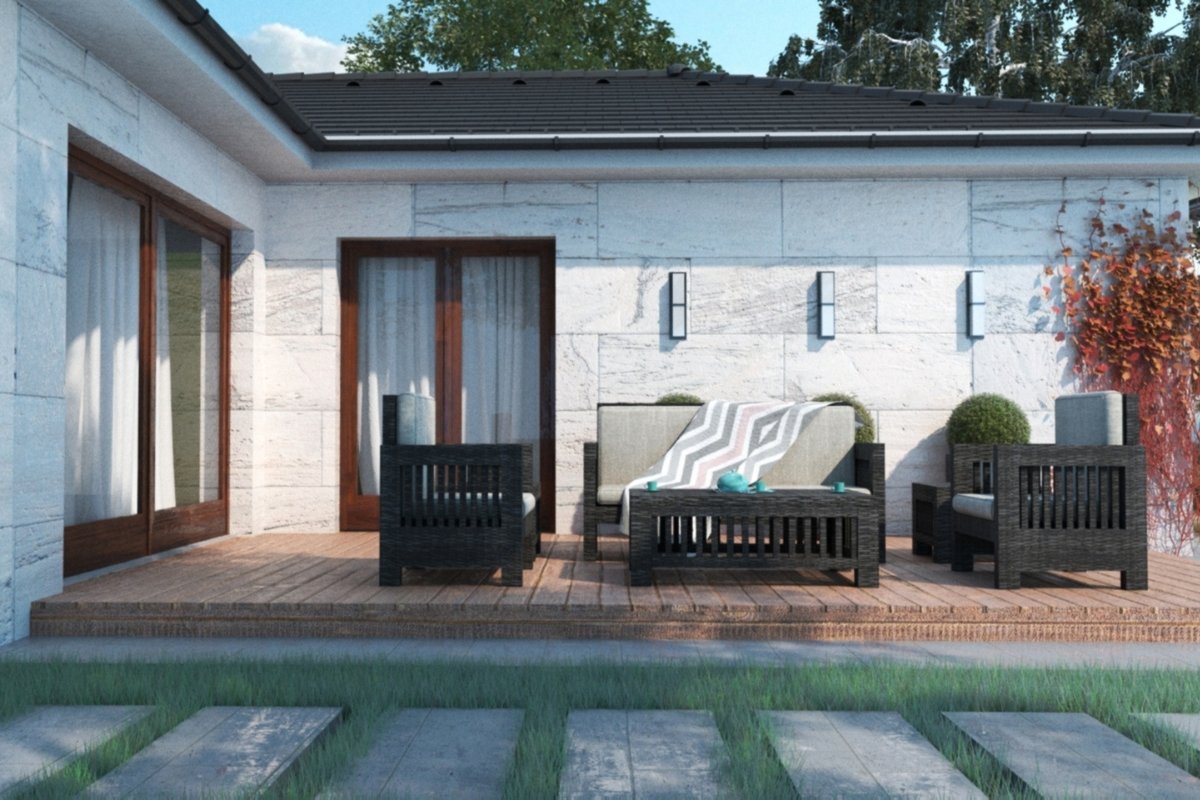 Luxory házterv – modern, világos nappalihoz kapcsolódó hangulatos terasz, kényelmes kerti bútorokkal