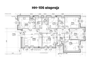 HH-106 típusház alaprajz – L-alakú, nappali + 4 hálószobás elrendezés