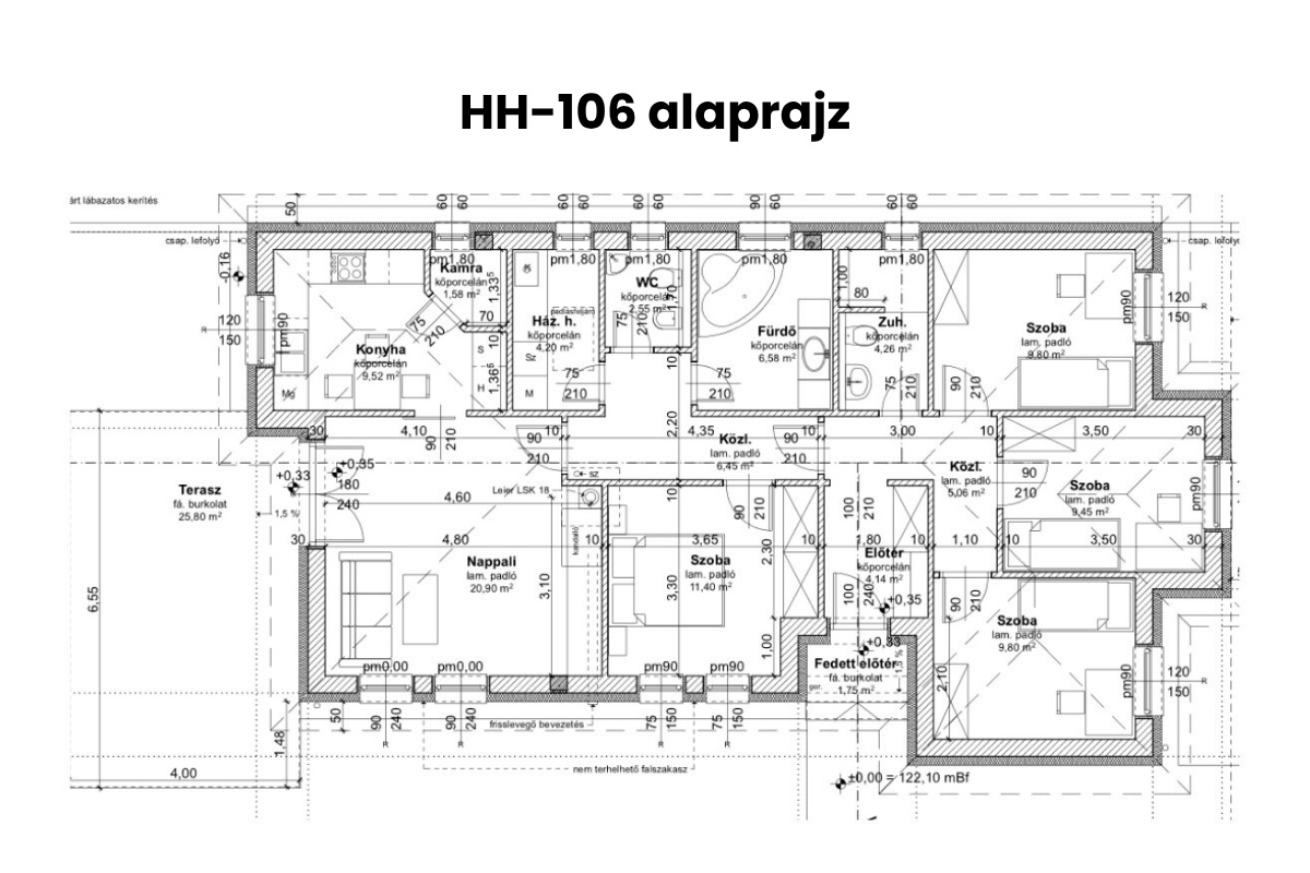 HH-106 típusház alaprajz – L-alakú, nappali + 4 hálószobás elrendezés