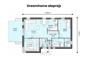 Dreamhome típusház alaprajz – 75 m²-es, földszintes családi ház nappali + 2 hálószoba elrendezéssel