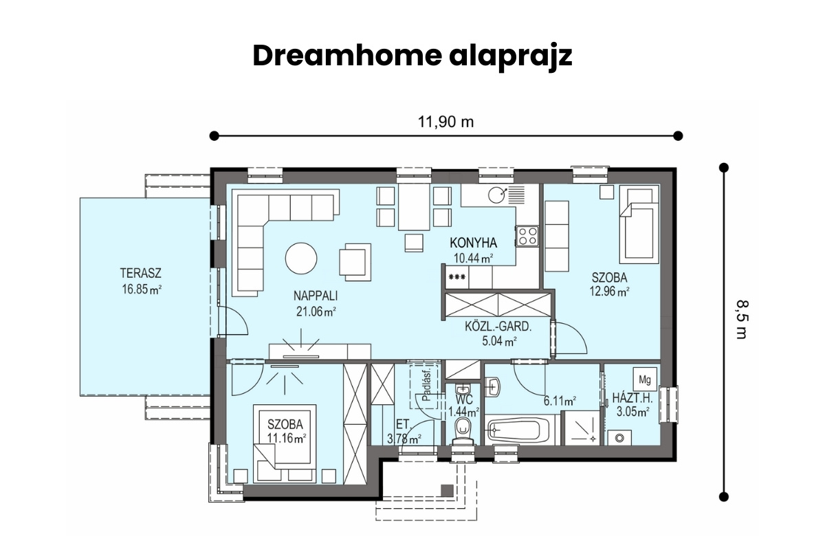 Dreamhome típusház alaprajz – 75 m²-es, földszintes családi ház nappali + 2 hálószoba elrendezéssel