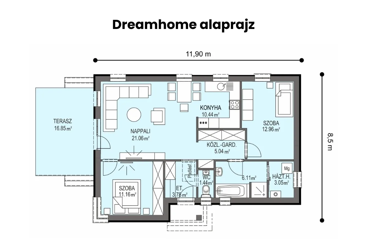 Dreamhome típusház alaprajz – 75 m²-es, földszintes családi ház nappali + 2 hálószoba elrendezéssel