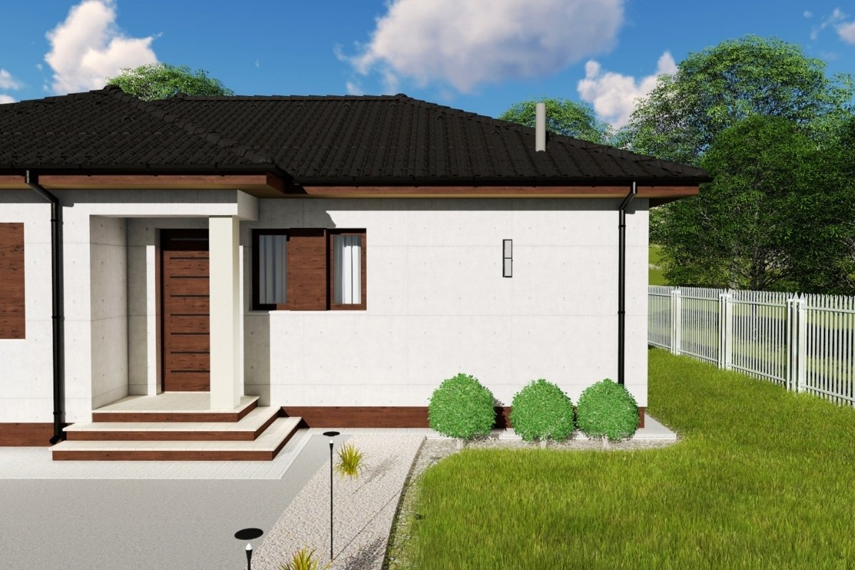Dreamhome típusház bejárata – földszintes, sátortetős családi ház modern homlokzattal