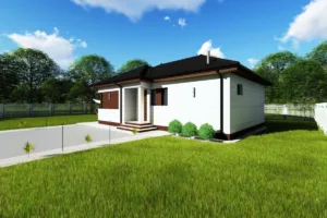 Dreamhome típusház bejárati oldalnézetből – modern, földszintes, energiatakarékos családi ház