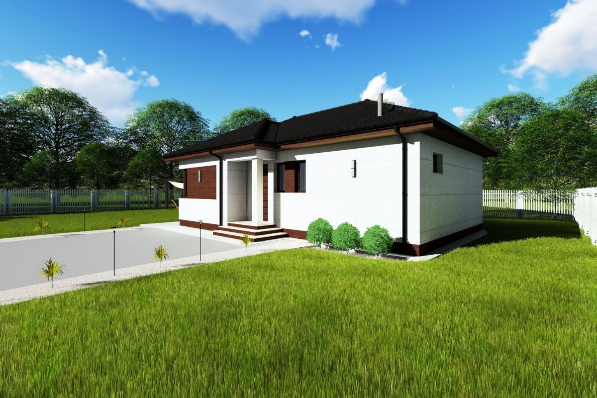 Dreamhome típusház bejárati oldalnézetből – modern, földszintes, energiatakarékos családi ház