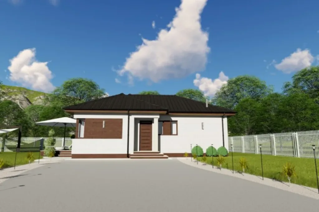 Dreamhome típusház külső látványa – modern, sátortetős, földszintes családi ház energiatakarékos kialakítással
