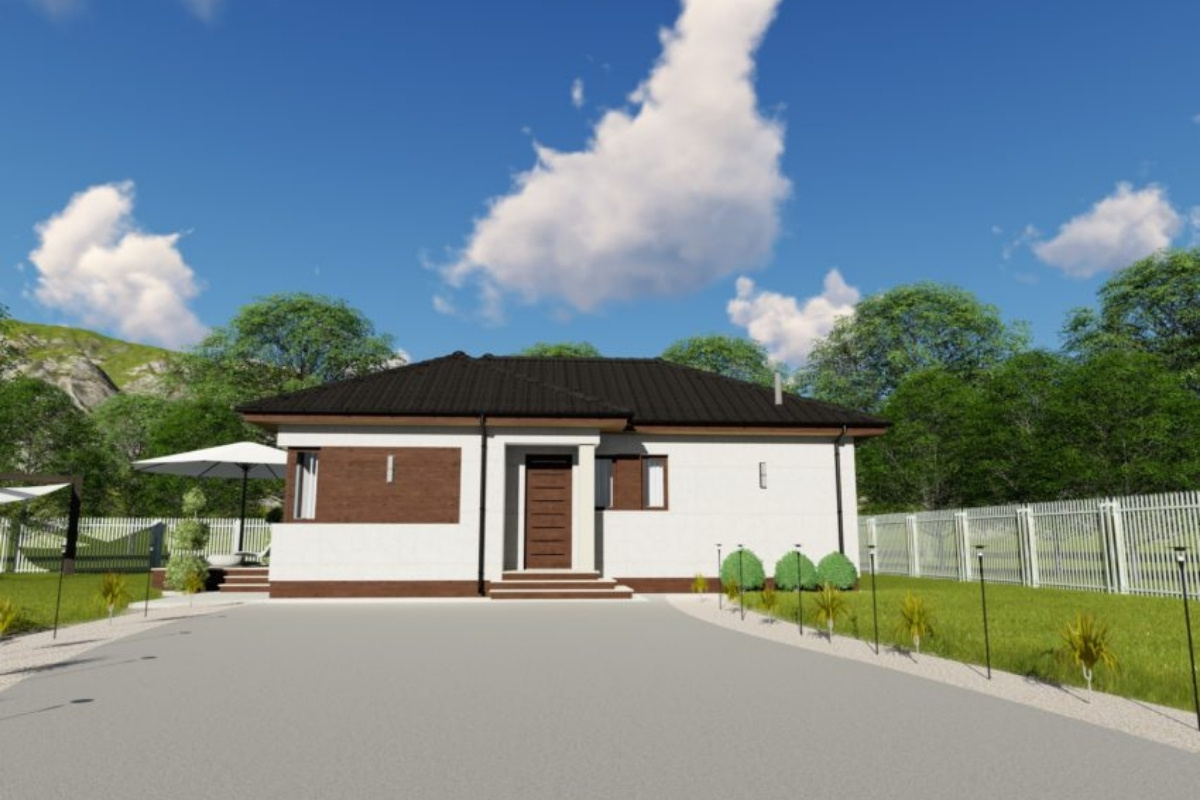 Dreamhome típusház külső látványa – modern, sátortetős, földszintes családi ház energiatakarékos kialakítással