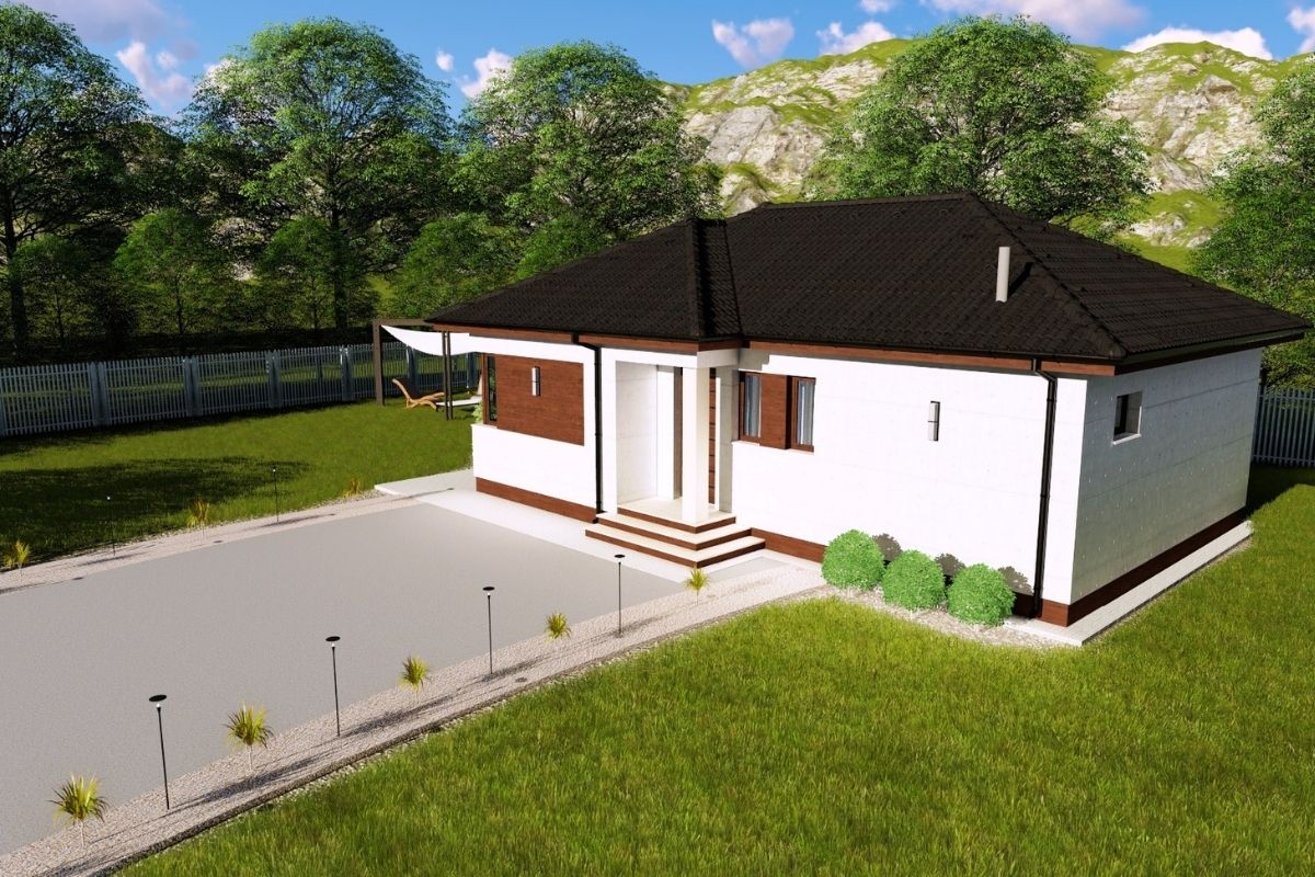 Dreamhome típusház külső látványterve sátortetővel – modern, földszintes családi ház kerttel