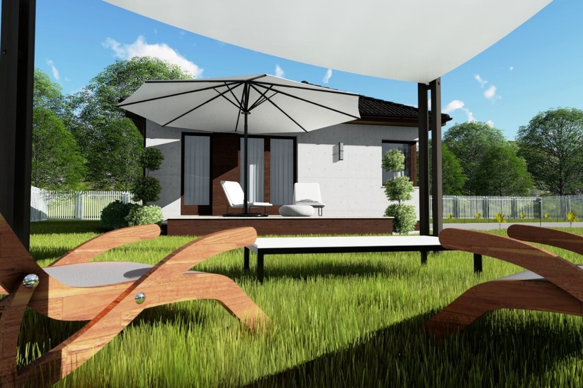 Dreamhome típusház terasza és kertje – modern, földszintes családi ház kültéri pihenőtérrel