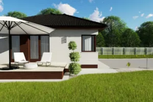 Dreamhome típusház terasza és kertkapcsolata – modern, földszintes családi ház kültéri pihenőtérrel