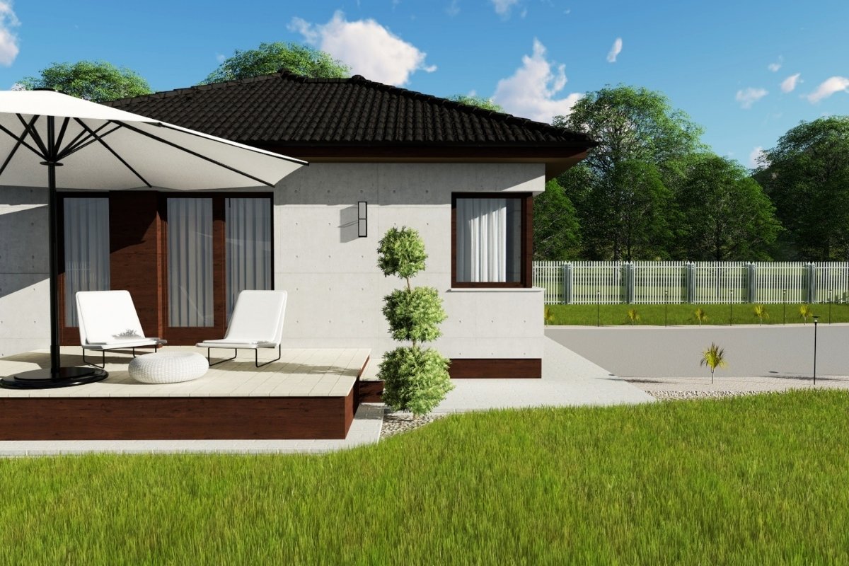Dreamhome típusház terasza és kertkapcsolata – modern, földszintes családi ház kültéri pihenőtérrel