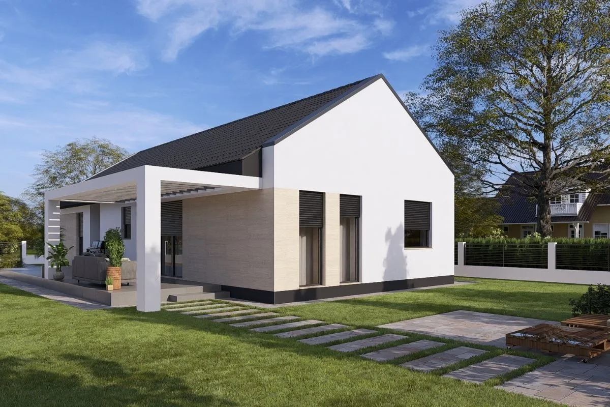 HH-100 modern egyszintes tégla családi ház 100,64 m² alapterülettel, 3 hálószobás kialakítással és fedett terasszal