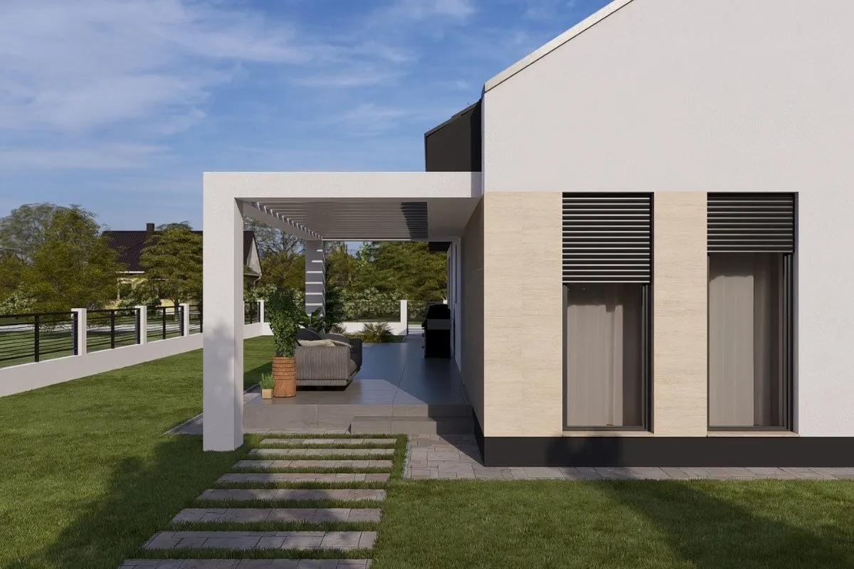 HH-100 modern egyszintes tégla családi ház 100,64 m² alapterülettel, 3 hálószobás kialakítással és fedett terasszal
