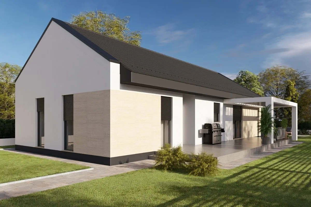 HH-100 modern egyszintes tégla családi ház 100,64 m² alapterülettel, 3 hálószobás kialakítással és fedett terasszal