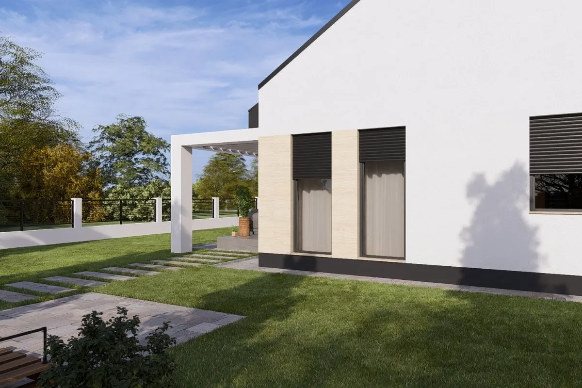 HH-100 modern egyszintes tégla családi ház 100,64 m² alapterülettel, 3 hálószobás kialakítással és fedett terasszal