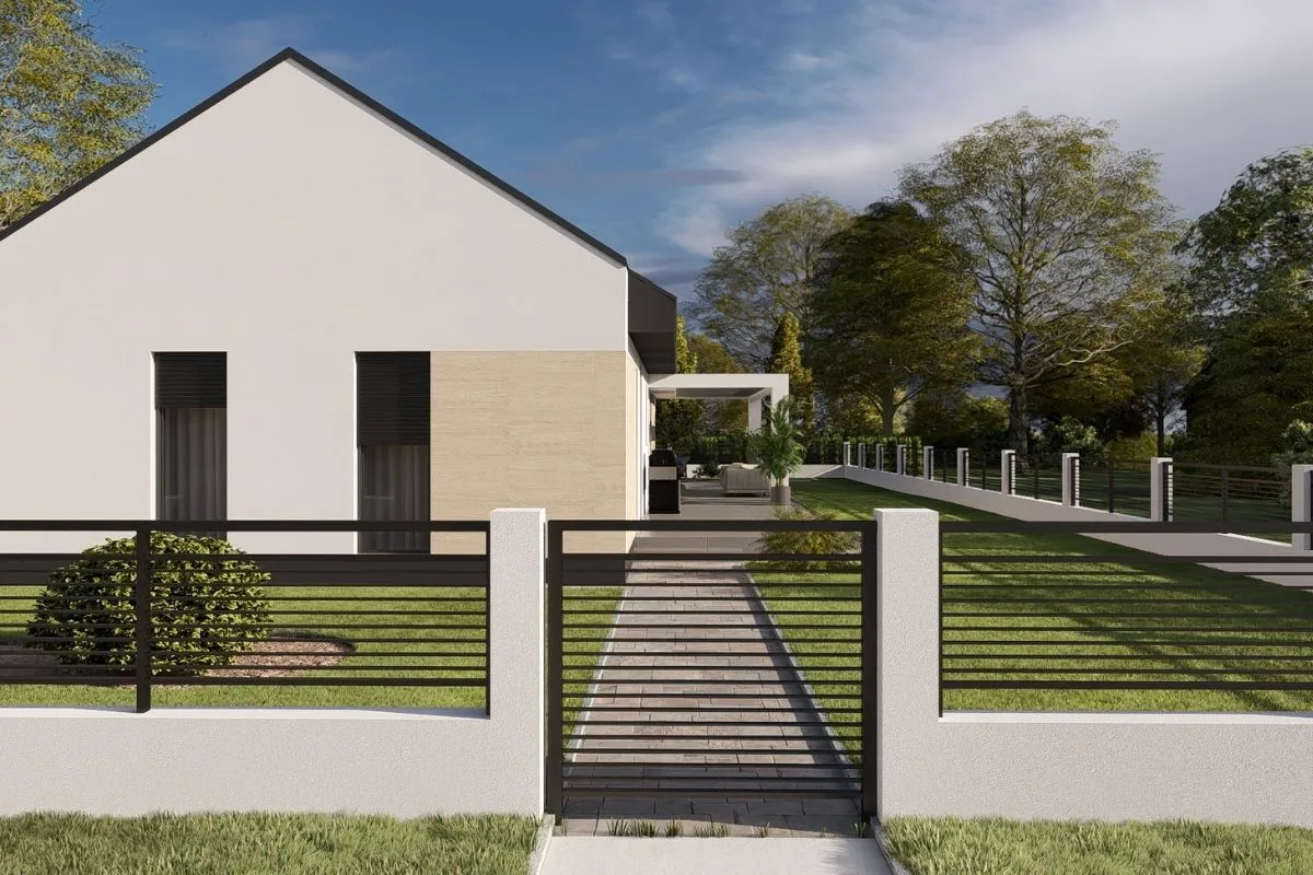 HH-100 modern egyszintes tégla családi ház 100,64 m² alapterülettel, 3 hálószobás kialakítással és fedett terasszal