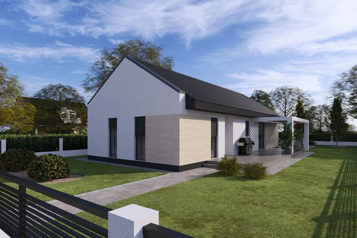 HH-100 modern egyszintes tégla családi ház 100,64 m² alapterülettel, 3 hálószobás kialakítással és fedett terasszal