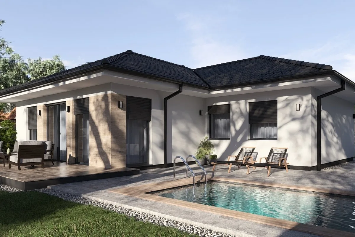 HH-100-3 modern családi ház látványterve, földszintes 100 m²-es típusház terasszal és kertkapcsolattal