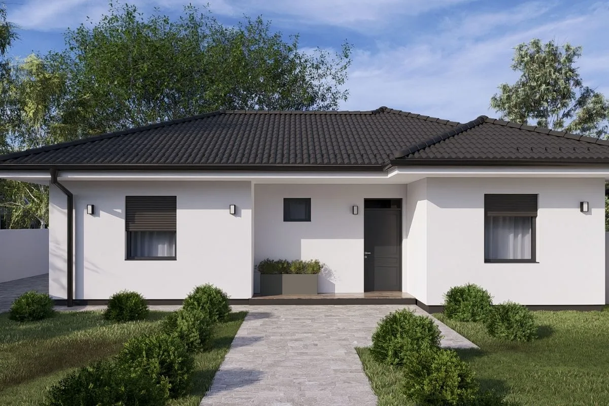 HH-100-3 modern családi ház látványterve, földszintes 100 m²-es típusház terasszal és kertkapcsolattal