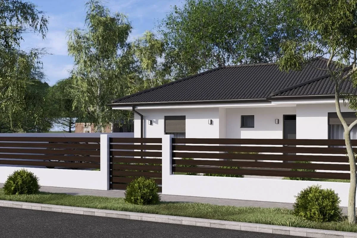 HH-100-3 modern családi ház látványterve, földszintes 100 m²-es típusház terasszal és kertkapcsolattal