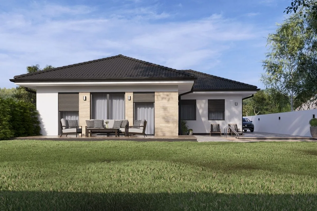 HH-100-3 modern családi ház látványterve, földszintes 100 m²-es típusház terasszal és kertkapcsolattal