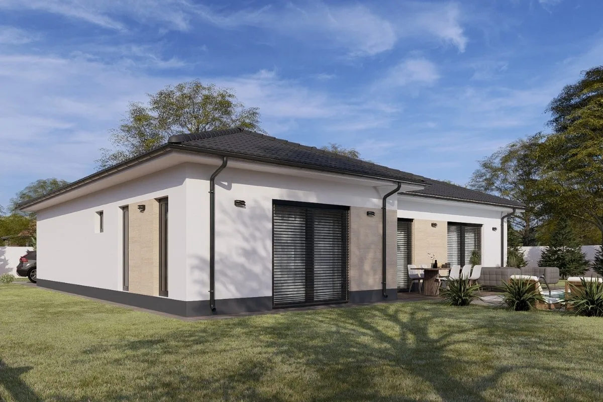 HH-117 modern családi ház látványterve kétállásos garázzsal, földszintes 117 m²-es típusház terasszal és kertkapcsolattal