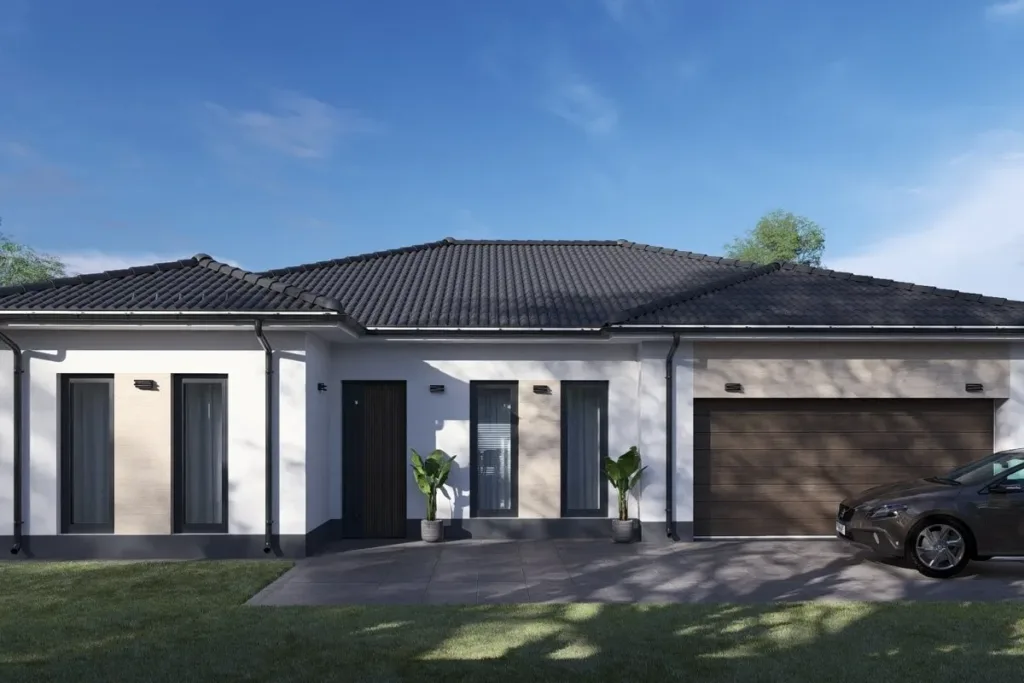 HH-117 modern családi ház látványterve kétállásos garázzsal, földszintes 117 m²-es típusház terasszal és kertkapcsolattal