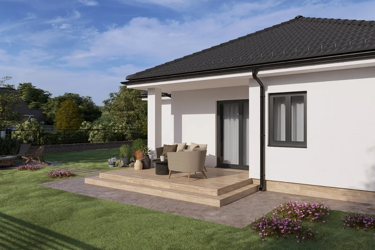 HH-90 modern családi ház látványterve, földszintes 90 m²-es típusház terasszal és kertkapcsolattal