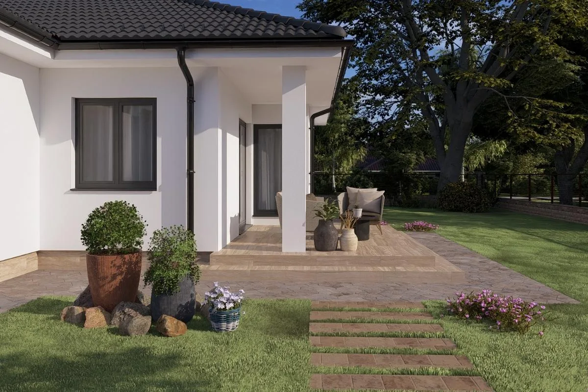 HH-90 modern családi ház látványterve, földszintes 90 m²-es típusház terasszal és kertkapcsolattal