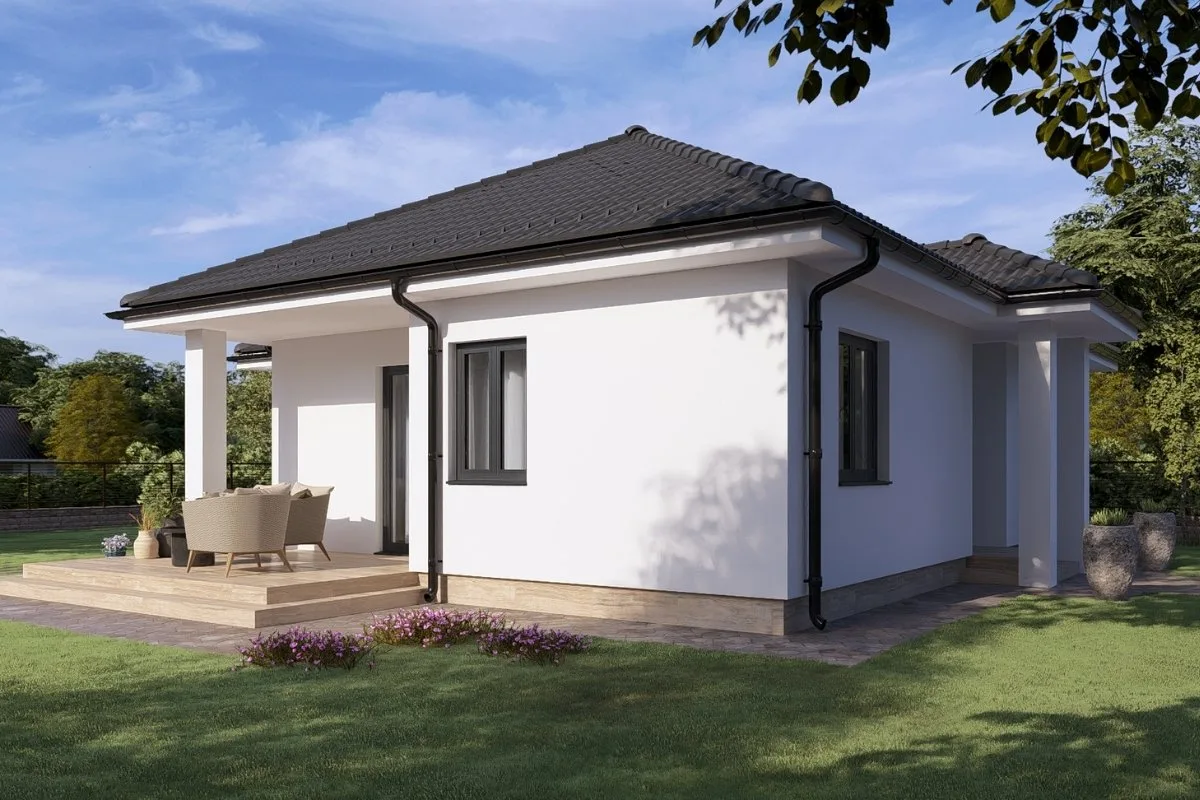 HH-90 modern családi ház látványterve, földszintes 90 m²-es típusház terasszal és kertkapcsolattal