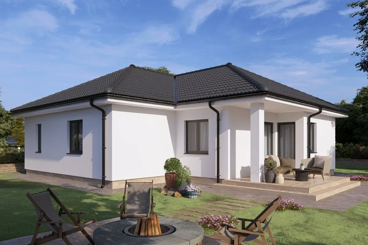 HH-90 modern családi ház látványterve, földszintes 90 m²-es típusház terasszal és kertkapcsolattal