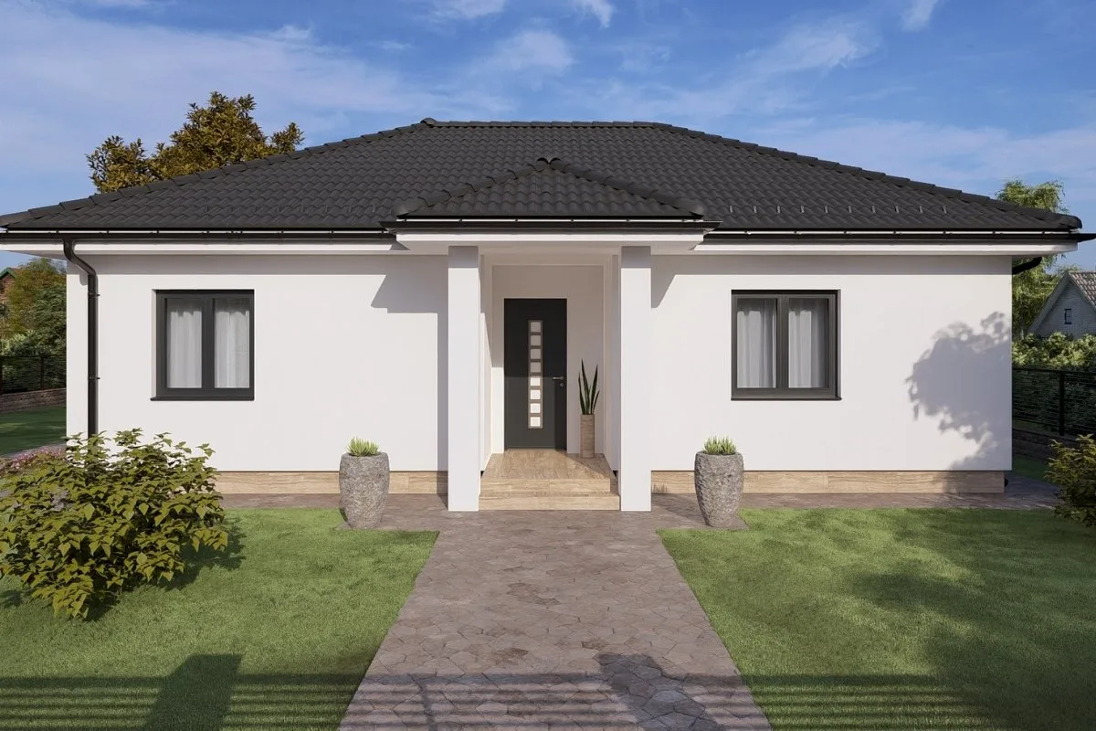 HH-90 modern családi ház látványterve, földszintes 90 m²-es típusház terasszal és kertkapcsolattal