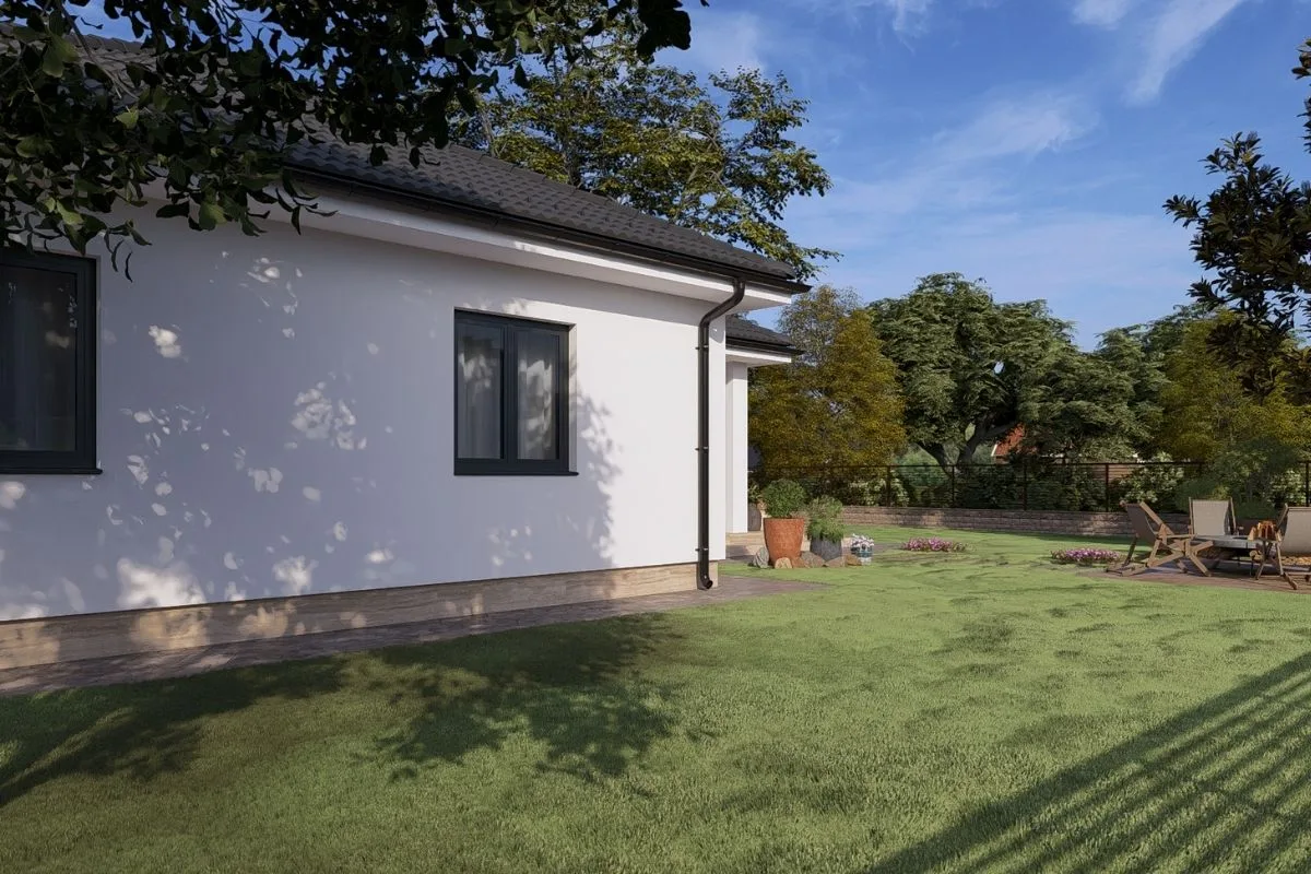 HH-90 modern családi ház látványterve, földszintes 90 m²-es típusház terasszal és kertkapcsolattal