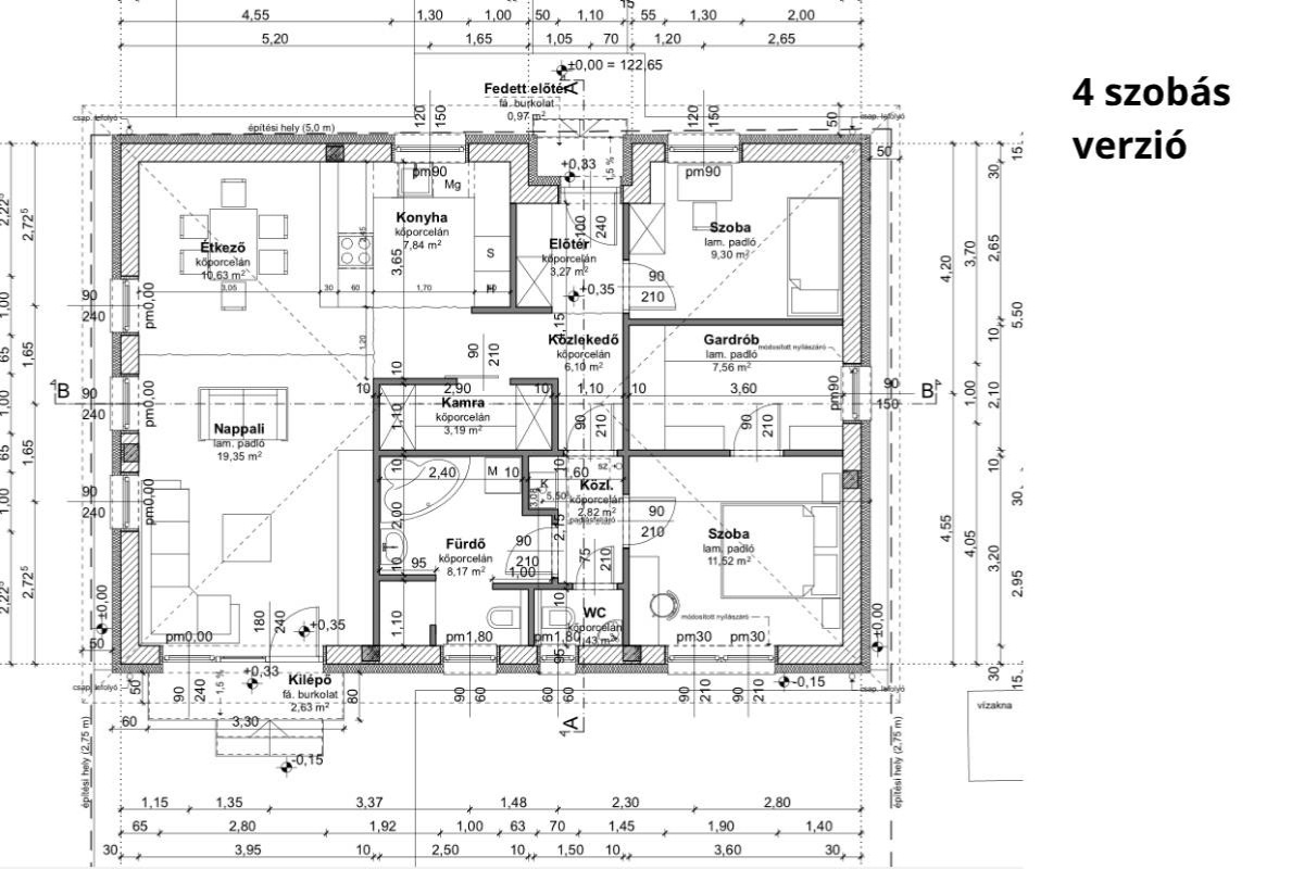 Lumina típusház 90 m²-es 4 szobás alaprajz nappali és 3 hálószoba elrendezéssel