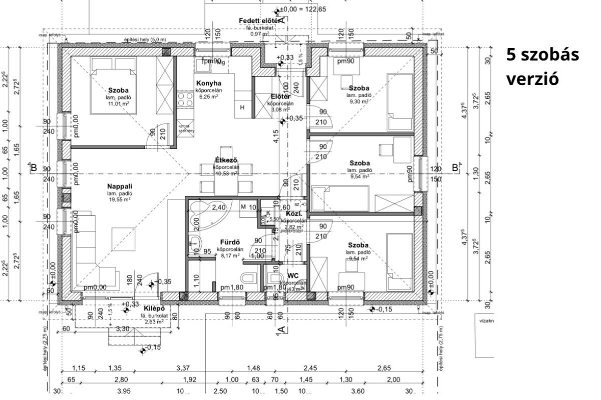 Lumina típusház 90 m²-es 5 szobás alaprajz nappali és 4 hálószoba elrendezéssel