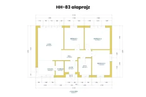 HH-83 típusház alaprajz nappali és 3 hálószobás elrendezéssel