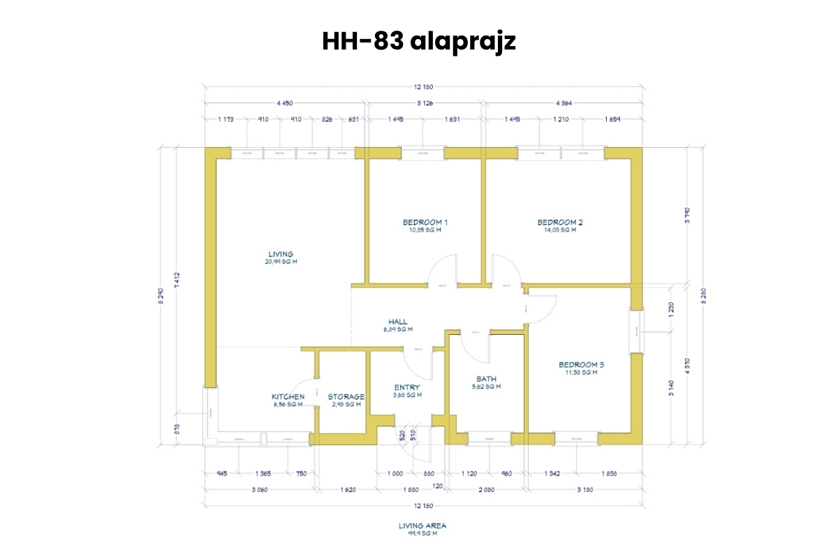 HH-83 típusház alaprajz nappali és 3 hálószobás elrendezéssel