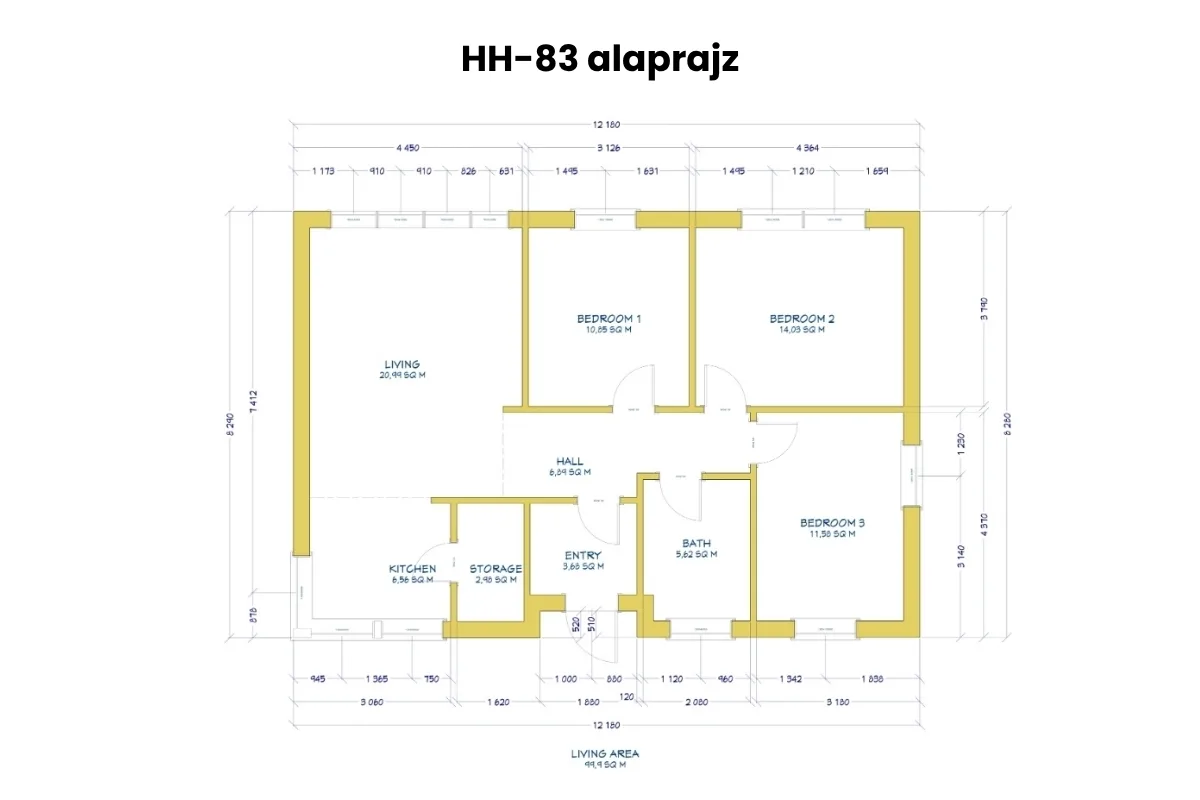 HH-83 típusház alaprajz nappali és 3 hálószobás elrendezéssel