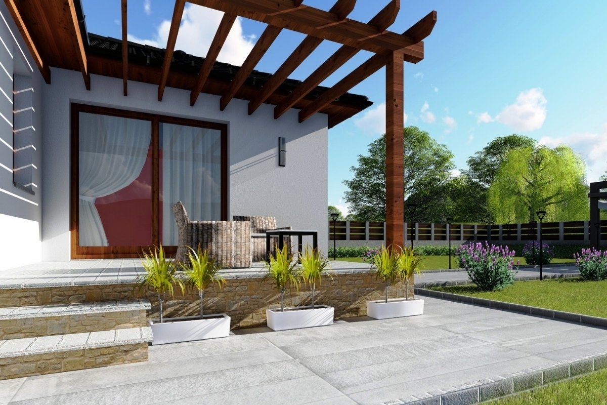 Modernhome típusház fedett terasza fa pergolával és kertkapcsolattal