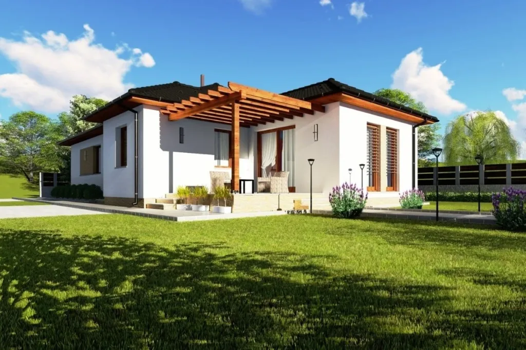 Modernhome típusház külső látványképe fedett terasszal, kerttel és modern földszintes kialakítással
