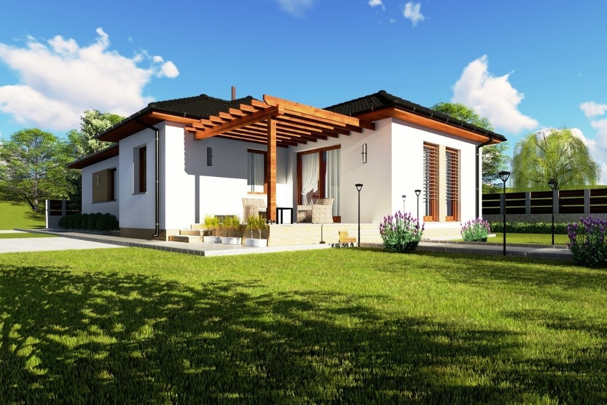 Modernhome típusház külső látványképe fedett terasszal, kerttel és modern földszintes kialakítással