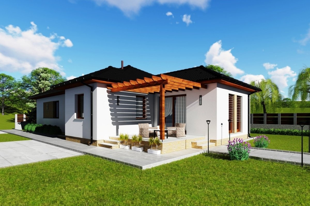 Modernhome típusház külső látványképe fedett terasszal és rendezett kerttel